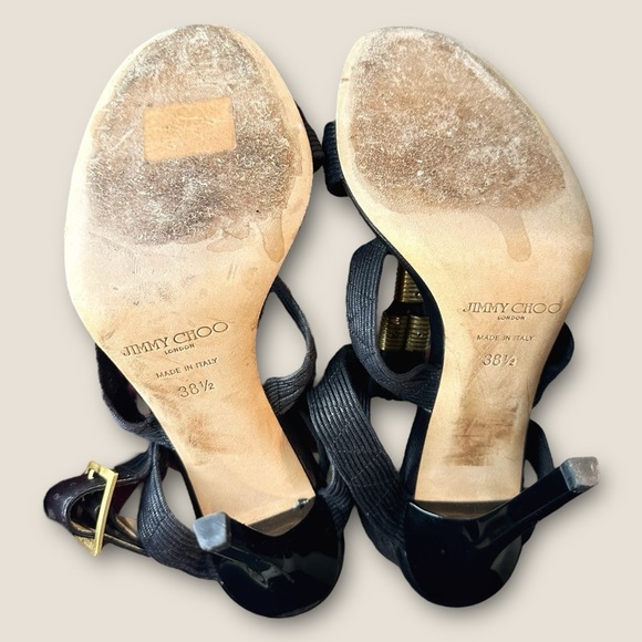 Jimmy Choo Black Waxed Leather ‘Serena’ Brass Hardware Gladiator Heels Size 8.5 - Picture 13 of 16